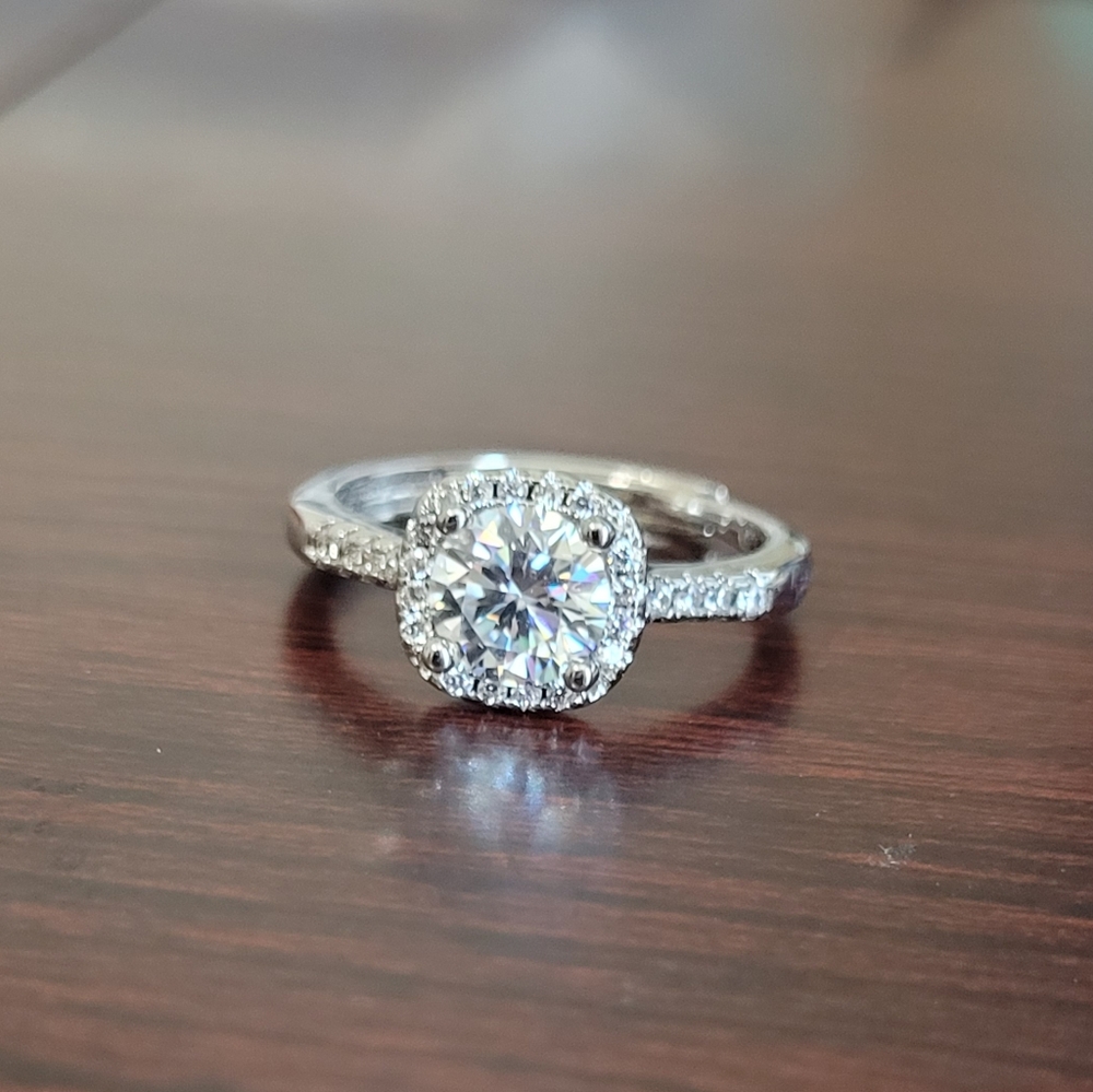 Halo Solitaire Moissanite Engagement Ring in White Gold  Plating